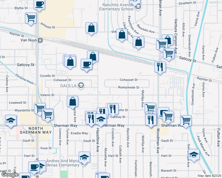 map of restaurants, bars, coffee shops, grocery stores, and more near 14019 Runnymede Street in Los Angeles