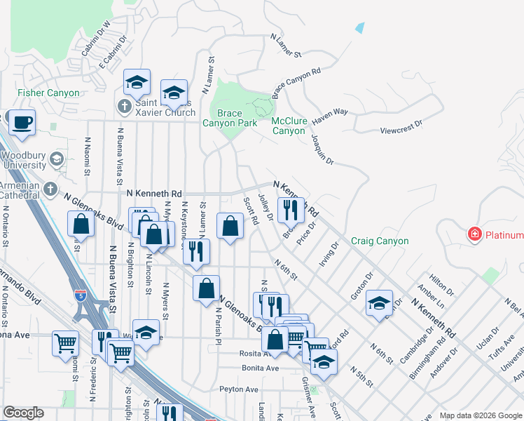 map of restaurants, bars, coffee shops, grocery stores, and more near 3007 Jolley Drive in Burbank