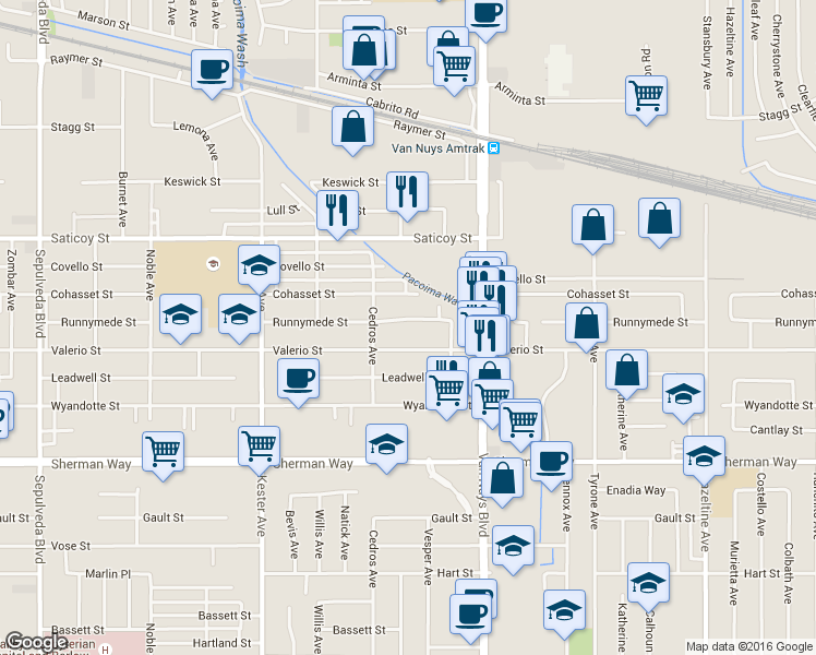 map of restaurants, bars, coffee shops, grocery stores, and more near 14614 Runnymede Street in Los Angeles