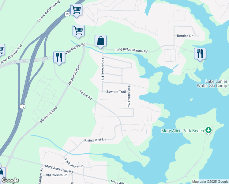 map of restaurants, bars, coffee shops, grocery stores, and more near 1895 Sawnee Trail in Cumming