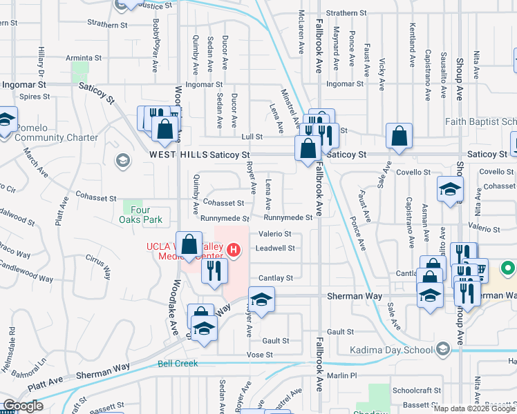 map of restaurants, bars, coffee shops, grocery stores, and more near 7446 Royer Avenue in Los Angeles