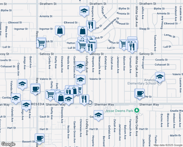 map of restaurants, bars, coffee shops, grocery stores, and more near 7429 Hesperia Avenue in Los Angeles