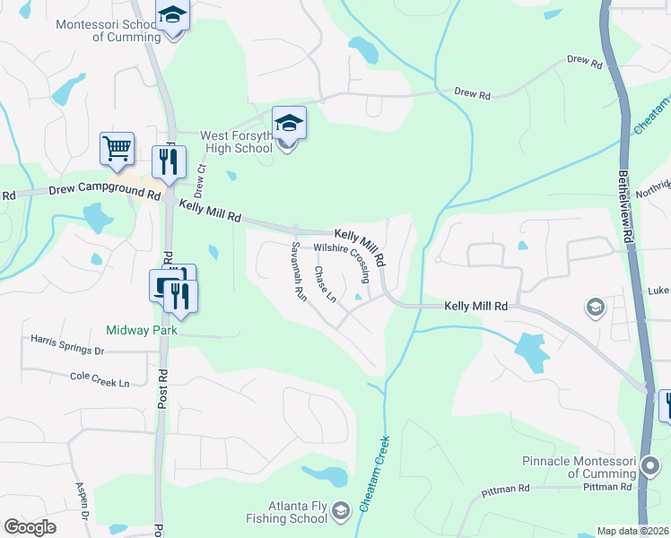 map of restaurants, bars, coffee shops, grocery stores, and more near 5075 Lloyd Lane in Cumming