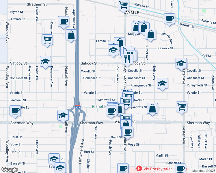 map of restaurants, bars, coffee shops, grocery stores, and more near 15401 Runnymede Street in Los Angeles