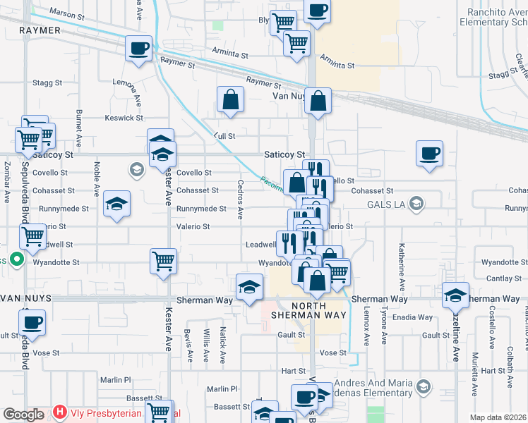 map of restaurants, bars, coffee shops, grocery stores, and more near 14614 Runnymede Street in Los Angeles