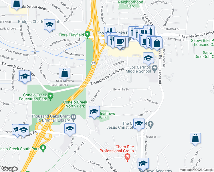 map of restaurants, bars, coffee shops, grocery stores, and more near 1694 Fremont Drive in Thousand Oaks