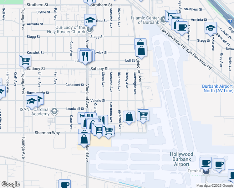 map of restaurants, bars, coffee shops, grocery stores, and more near 7441 Riverton Avenue in Los Angeles