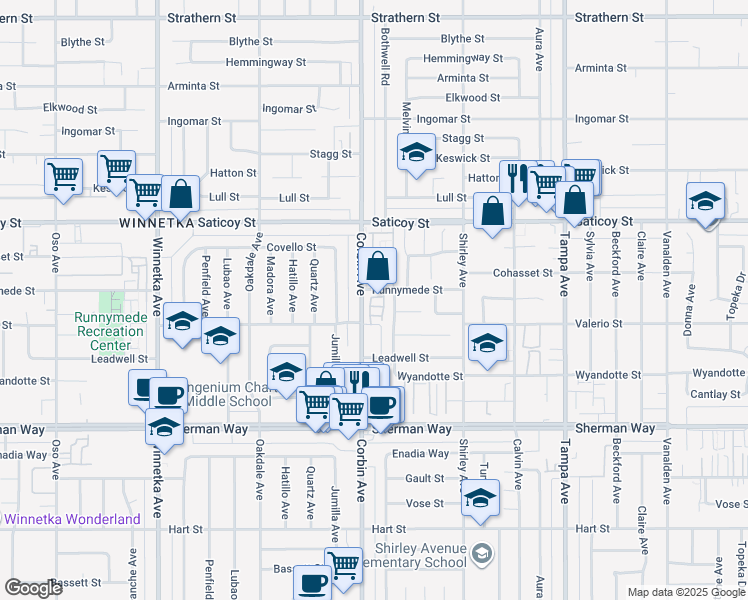 map of restaurants, bars, coffee shops, grocery stores, and more near 7430 Corbin Avenue in Los Angeles