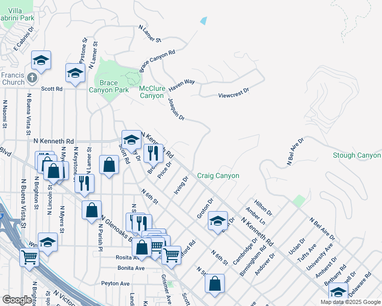 map of restaurants, bars, coffee shops, grocery stores, and more near 841 Irving Drive in Burbank