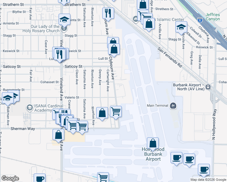 map of restaurants, bars, coffee shops, grocery stores, and more near 7438 Cartwright Avenue in Los Angeles