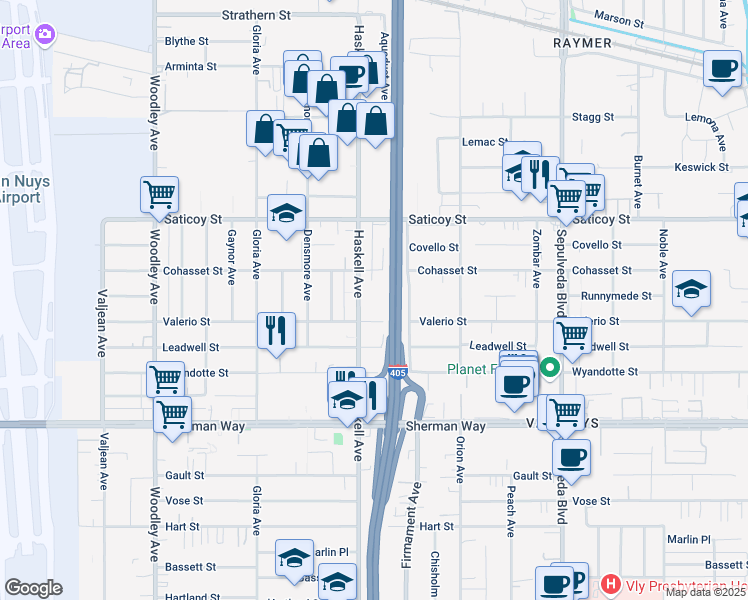 map of restaurants, bars, coffee shops, grocery stores, and more near 7438 Haskell Avenue in Los Angeles