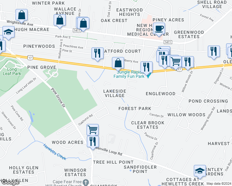 map of restaurants, bars, coffee shops, grocery stores, and more near 5201 Lapaloma Court in Wilmington