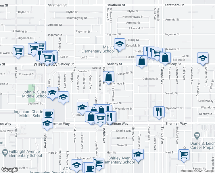 map of restaurants, bars, coffee shops, grocery stores, and more near 7430 Corbin Avenue in Los Angeles