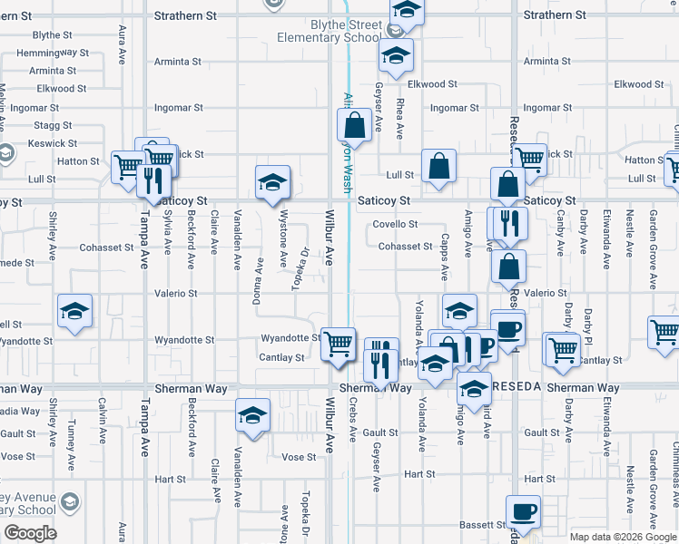 map of restaurants, bars, coffee shops, grocery stores, and more near 7428 Wilbur Avenue in Los Angeles