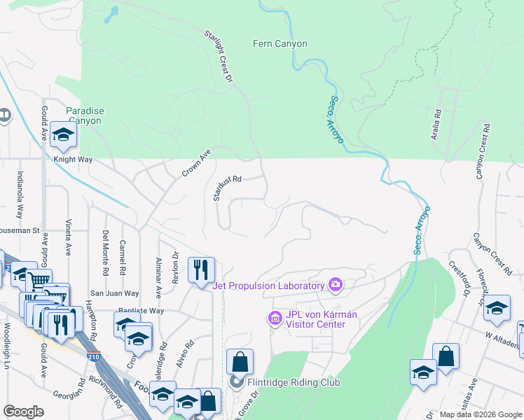 map of restaurants, bars, coffee shops, grocery stores, and more near 228 Starlight Crest Drive in La Cañada Flintridge