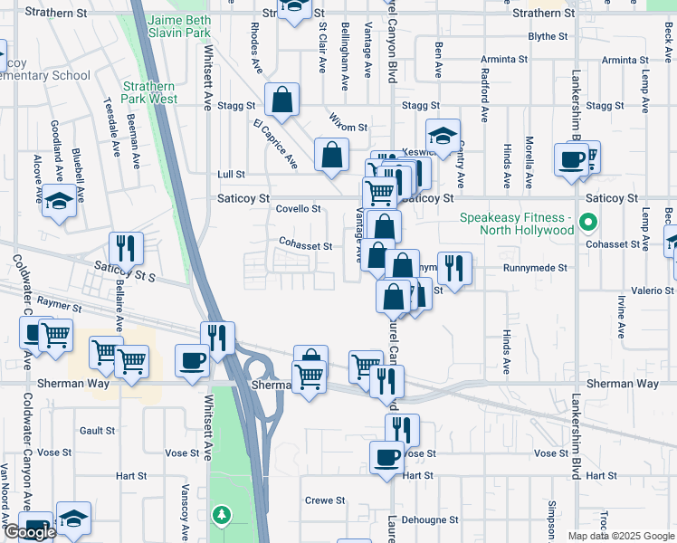 map of restaurants, bars, coffee shops, grocery stores, and more near 12223 Leayn Court in Los Angeles