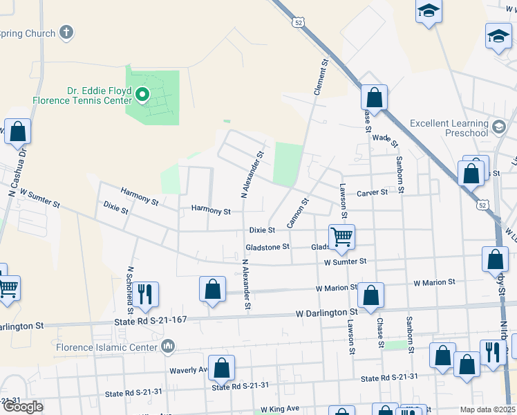 map of restaurants, bars, coffee shops, grocery stores, and more near 705 Habitat Lane in Florence