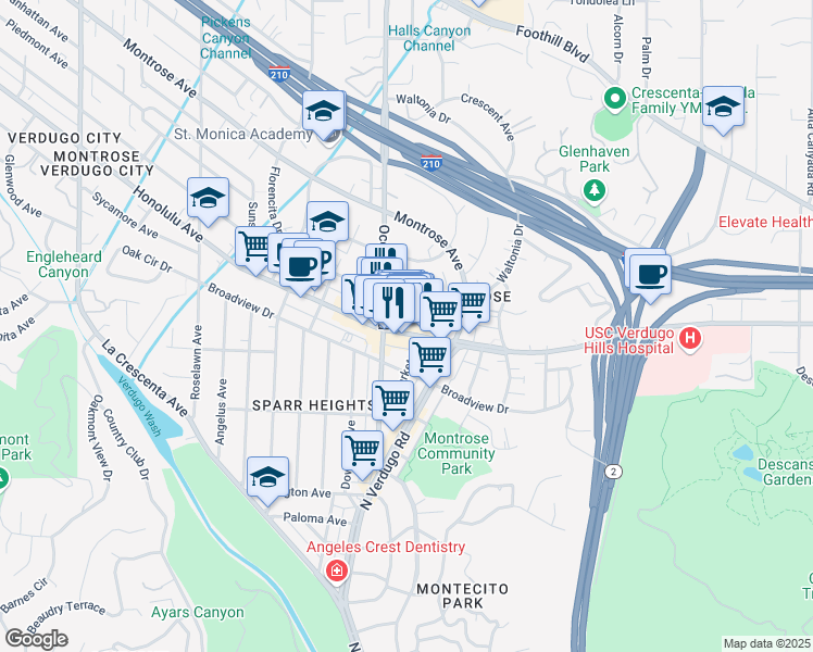 map of restaurants, bars, coffee shops, grocery stores, and more near 2240 Florencita Avenue in Glendale