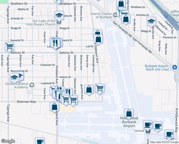 map of restaurants, bars, coffee shops, grocery stores, and more near 7437 Denny Avenue in Los Angeles