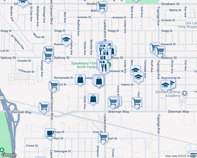 map of restaurants, bars, coffee shops, grocery stores, and more near 11737 Runnymede Street in Los Angeles
