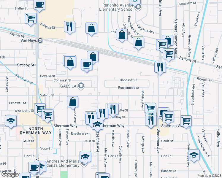 map of restaurants, bars, coffee shops, grocery stores, and more near 14019 Runnymede Street in Los Angeles
