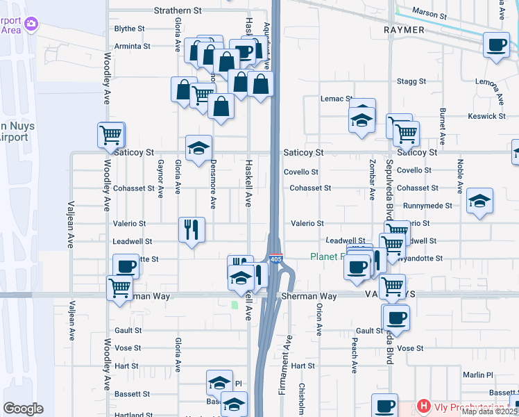 map of restaurants, bars, coffee shops, grocery stores, and more near 7438 Haskell Avenue in Los Angeles