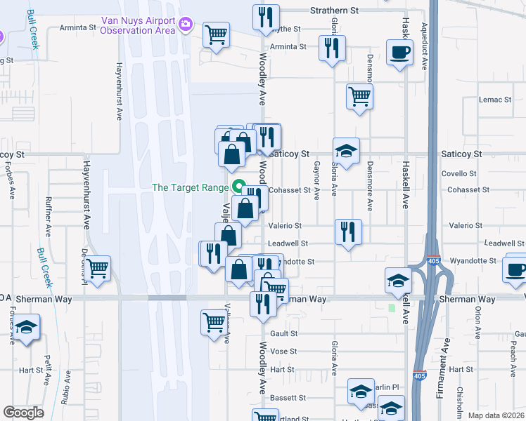 map of restaurants, bars, coffee shops, grocery stores, and more near 7438 Woodley Avenue in Los Angeles