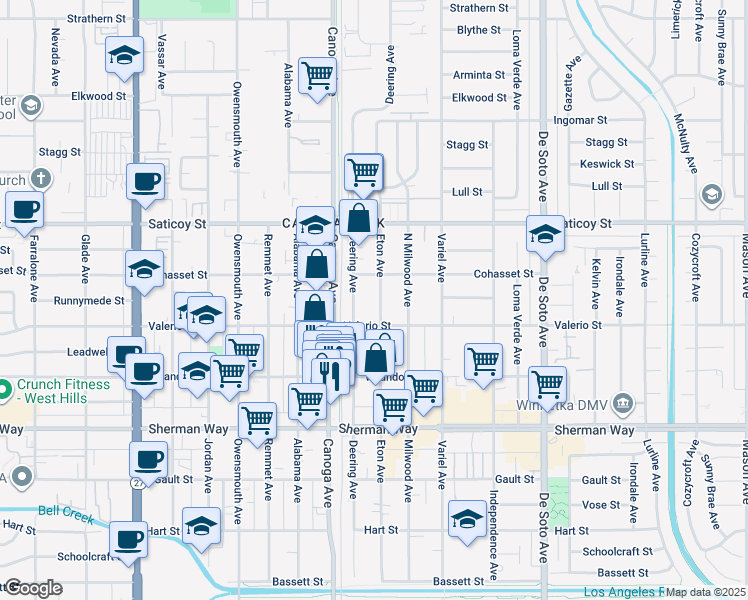 map of restaurants, bars, coffee shops, grocery stores, and more near 7443 Eton Avenue in Los Angeles