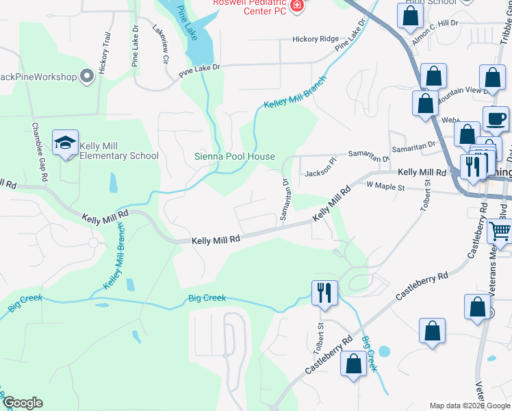 map of restaurants, bars, coffee shops, grocery stores, and more near 105 Wildwood Drive in Cumming