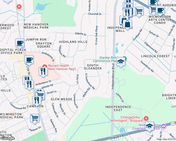 map of restaurants, bars, coffee shops, grocery stores, and more near 2107 South Canterbury Road in Wilmington