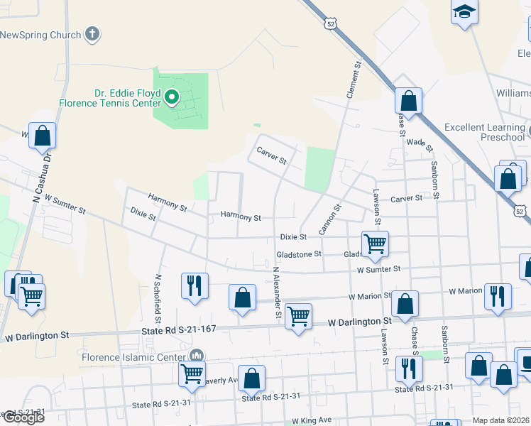 map of restaurants, bars, coffee shops, grocery stores, and more near 1005 Harmony Street in Florence