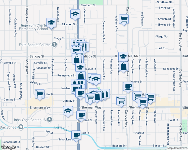 map of restaurants, bars, coffee shops, grocery stores, and more near 7435 Jordan Avenue in Los Angeles