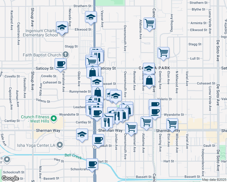 map of restaurants, bars, coffee shops, grocery stores, and more near 7435 Jordan Avenue in Los Angeles