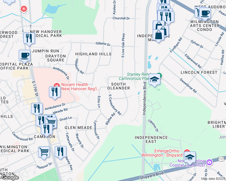 map of restaurants, bars, coffee shops, grocery stores, and more near 2107 South Canterbury Road in Wilmington
