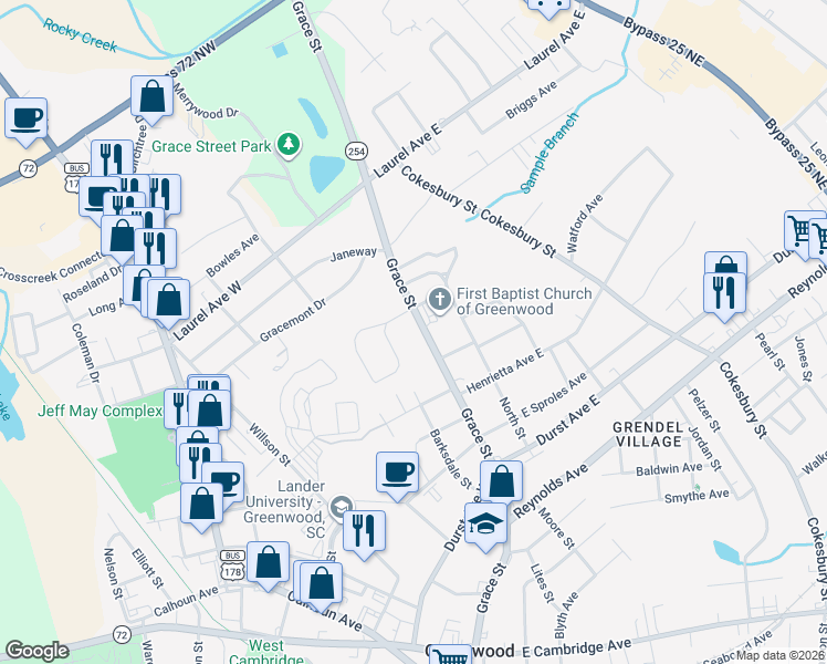 map of restaurants, bars, coffee shops, grocery stores, and more near 717 Grace Street in Greenwood
