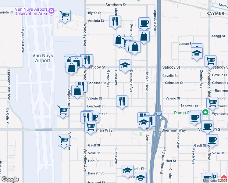 map of restaurants, bars, coffee shops, grocery stores, and more near 7442 Gloria Avenue in Los Angeles