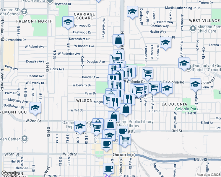 map of restaurants, bars, coffee shops, grocery stores, and more near 2 A Street in Oxnard