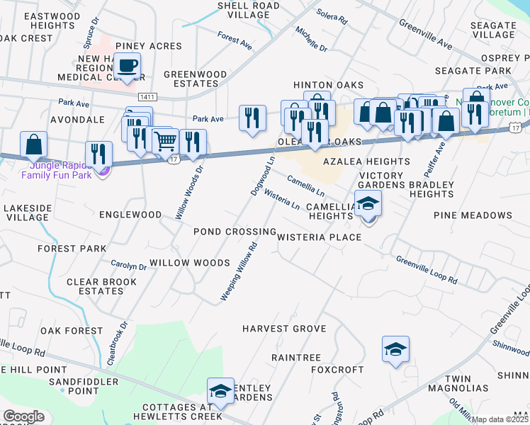 map of restaurants, bars, coffee shops, grocery stores, and more near 5512 Weeping Willow Road in Wilmington