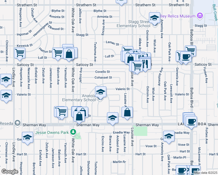 map of restaurants, bars, coffee shops, grocery stores, and more near 17443 Valerio Street in Los Angeles