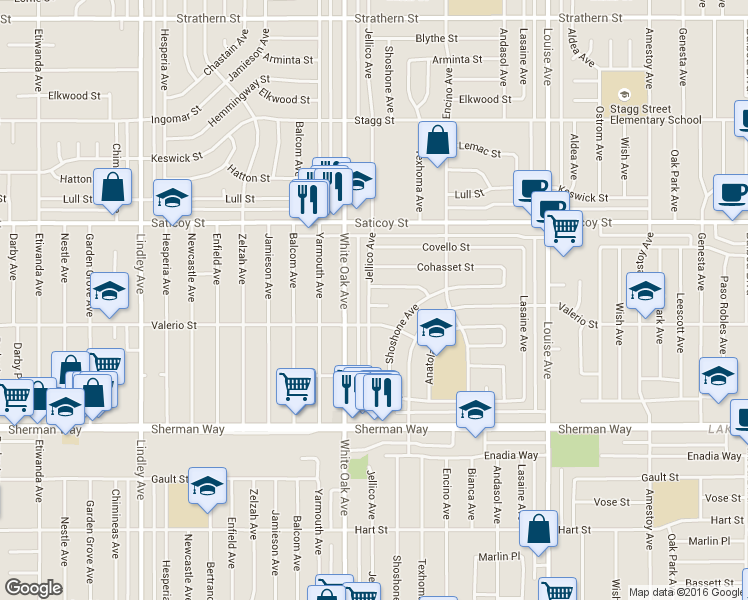 map of restaurants, bars, coffee shops, grocery stores, and more near 7437 Jellico Avenue in Los Angeles