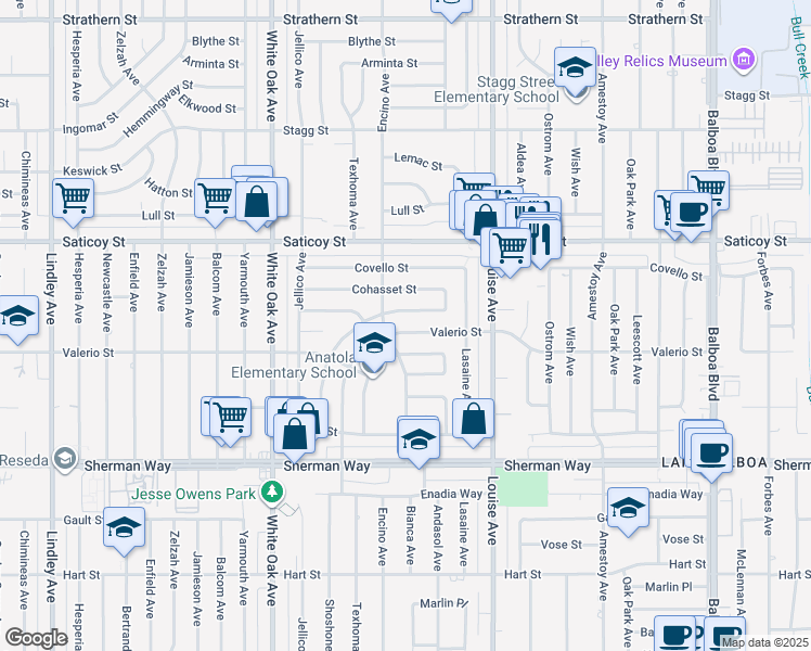 map of restaurants, bars, coffee shops, grocery stores, and more near 17443 Valerio Street in Los Angeles