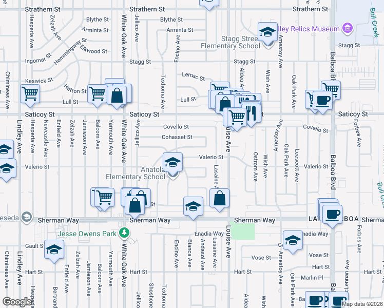 map of restaurants, bars, coffee shops, grocery stores, and more near 17431 Valerio Street in Los Angeles