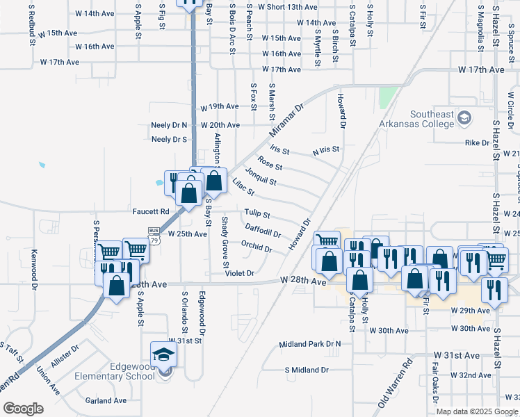 map of restaurants, bars, coffee shops, grocery stores, and more near 3304 Lilac Street in Pine Bluff