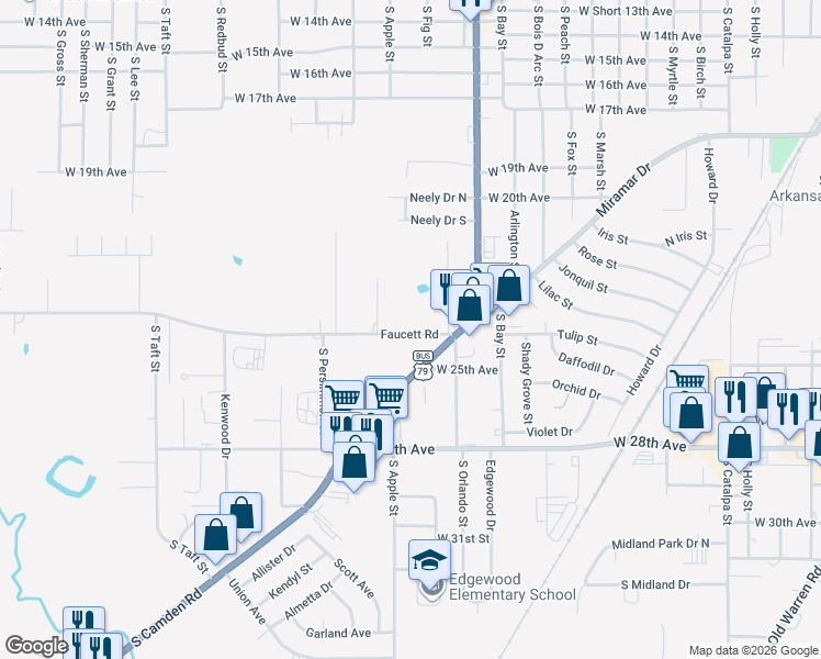 map of restaurants, bars, coffee shops, grocery stores, and more near 4115 Faucett Road in Pine Bluff