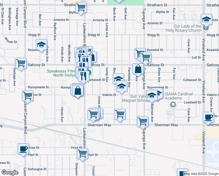 map of restaurants, bars, coffee shops, grocery stores, and more near 7426 Lemp Avenue in Los Angeles