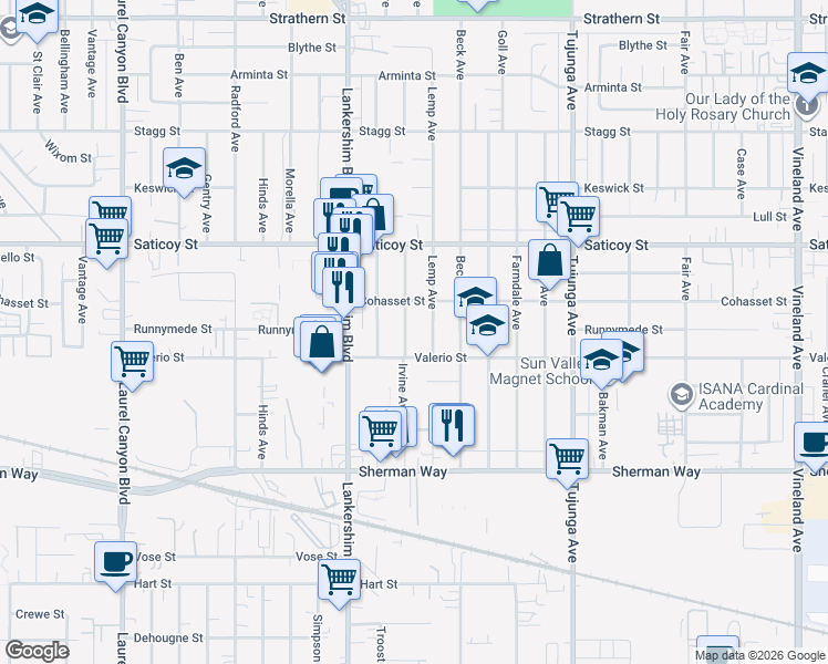 map of restaurants, bars, coffee shops, grocery stores, and more near 7428 Irvine Avenue in Los Angeles