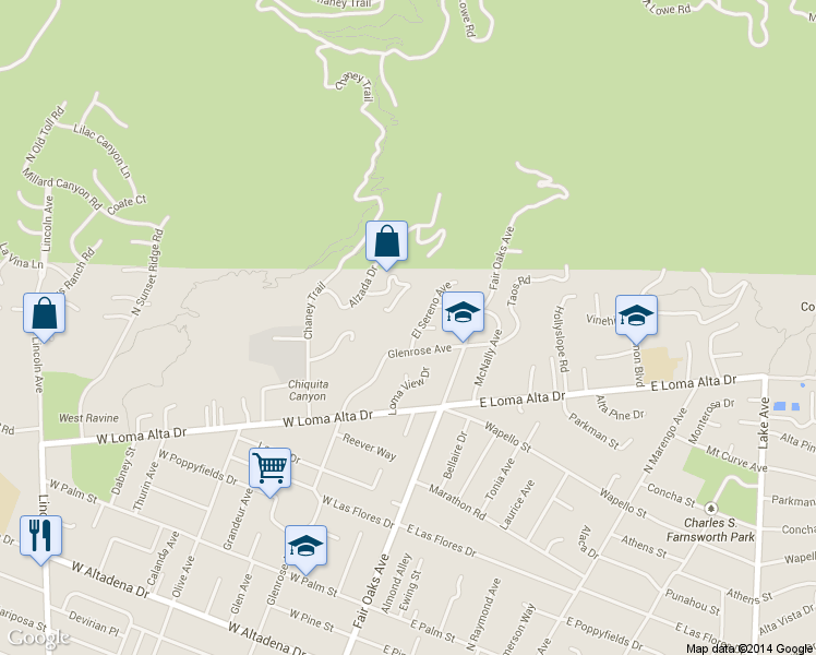 map of restaurants, bars, coffee shops, grocery stores, and more near 3675 El Sereno Avenue in Altadena