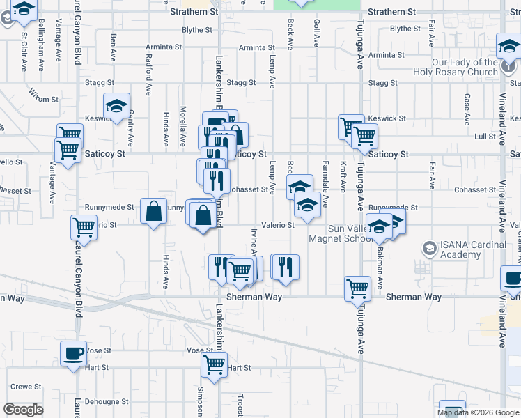 map of restaurants, bars, coffee shops, grocery stores, and more near 7428 Irvine Avenue in Los Angeles