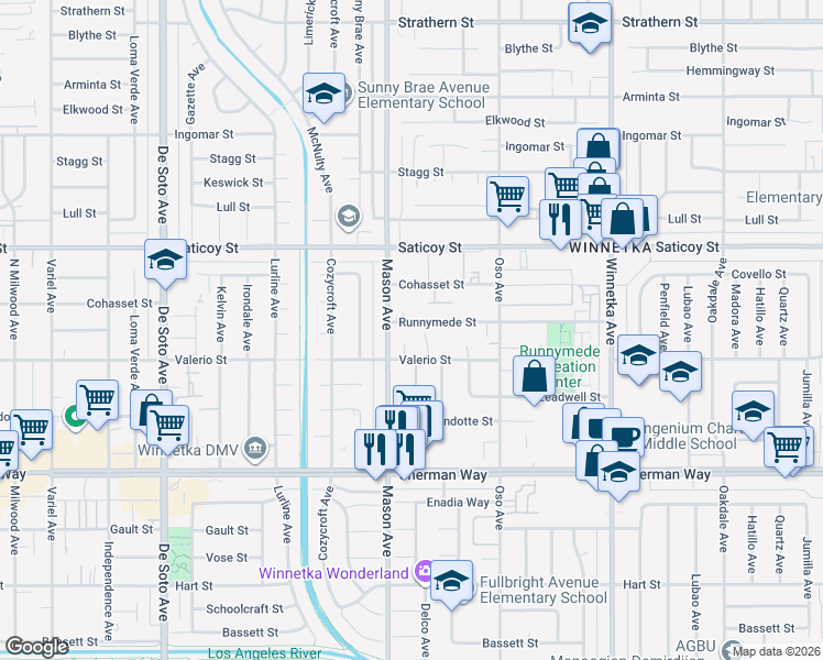 map of restaurants, bars, coffee shops, grocery stores, and more near 20442 Runnymede Street in Los Angeles