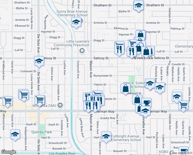 map of restaurants, bars, coffee shops, grocery stores, and more near 20442 Runnymede Street in Los Angeles